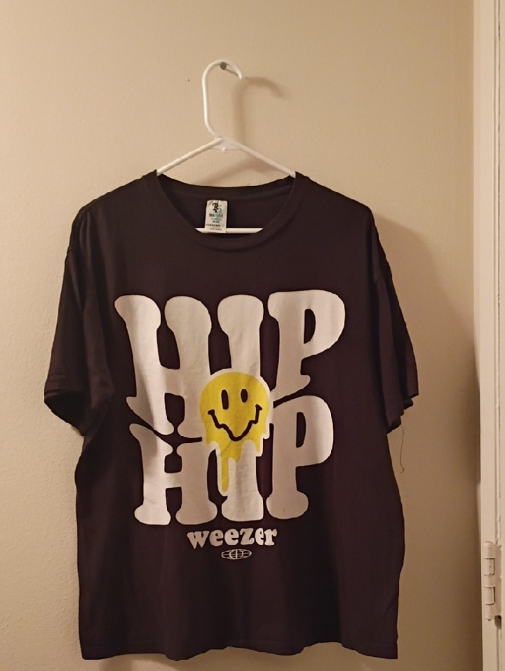 Mens Weezer  Black 'Hip Hip' Graphic Tee with Yellow Smile